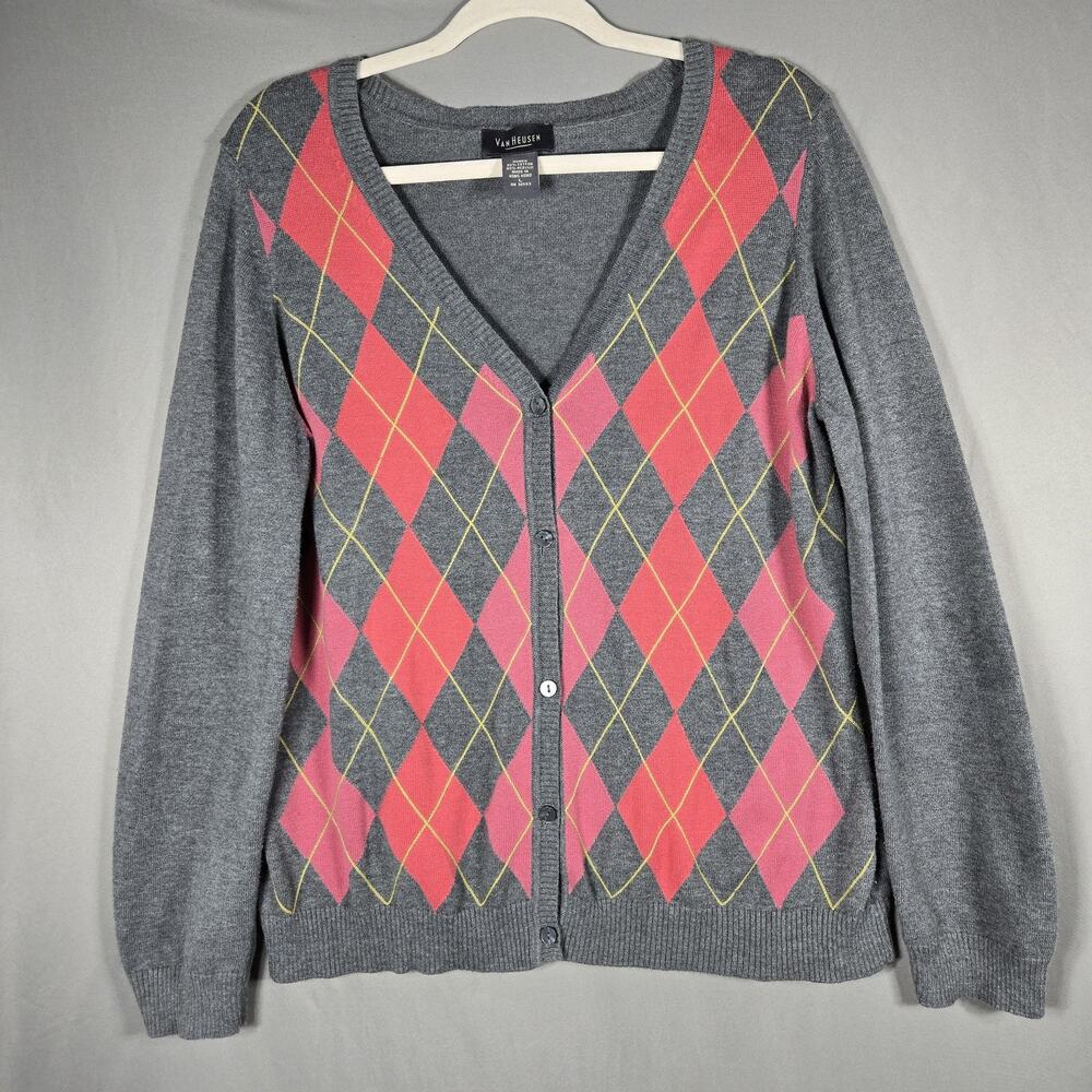 Van Heusen Cardigan Sweater Womens Large Gray Pink Argyle V Neck Knit Preppy